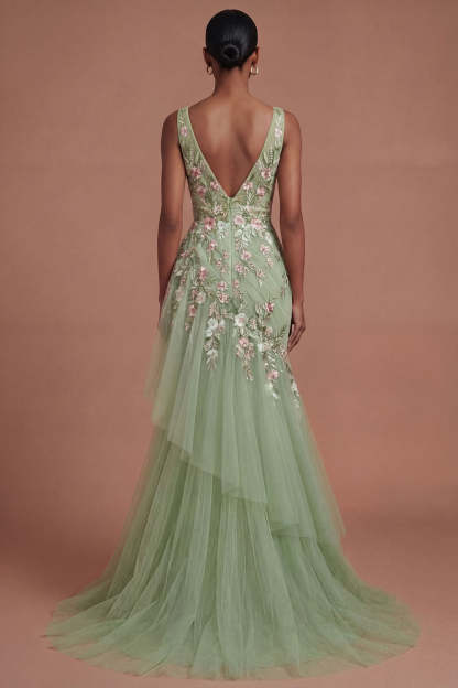 Mermaid Ruffled V Neck Floral Long Green Prom Dress