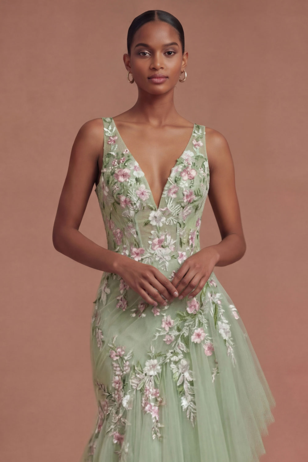 Mermaid Ruffled V Neck Floral Long Green Prom Dress