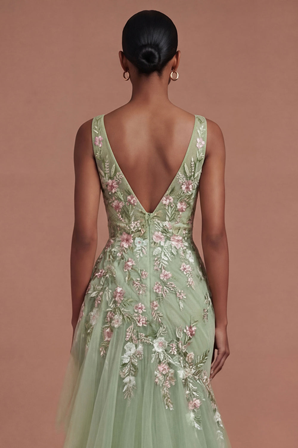 Mermaid Ruffled V Neck Floral Long Green Prom Dress