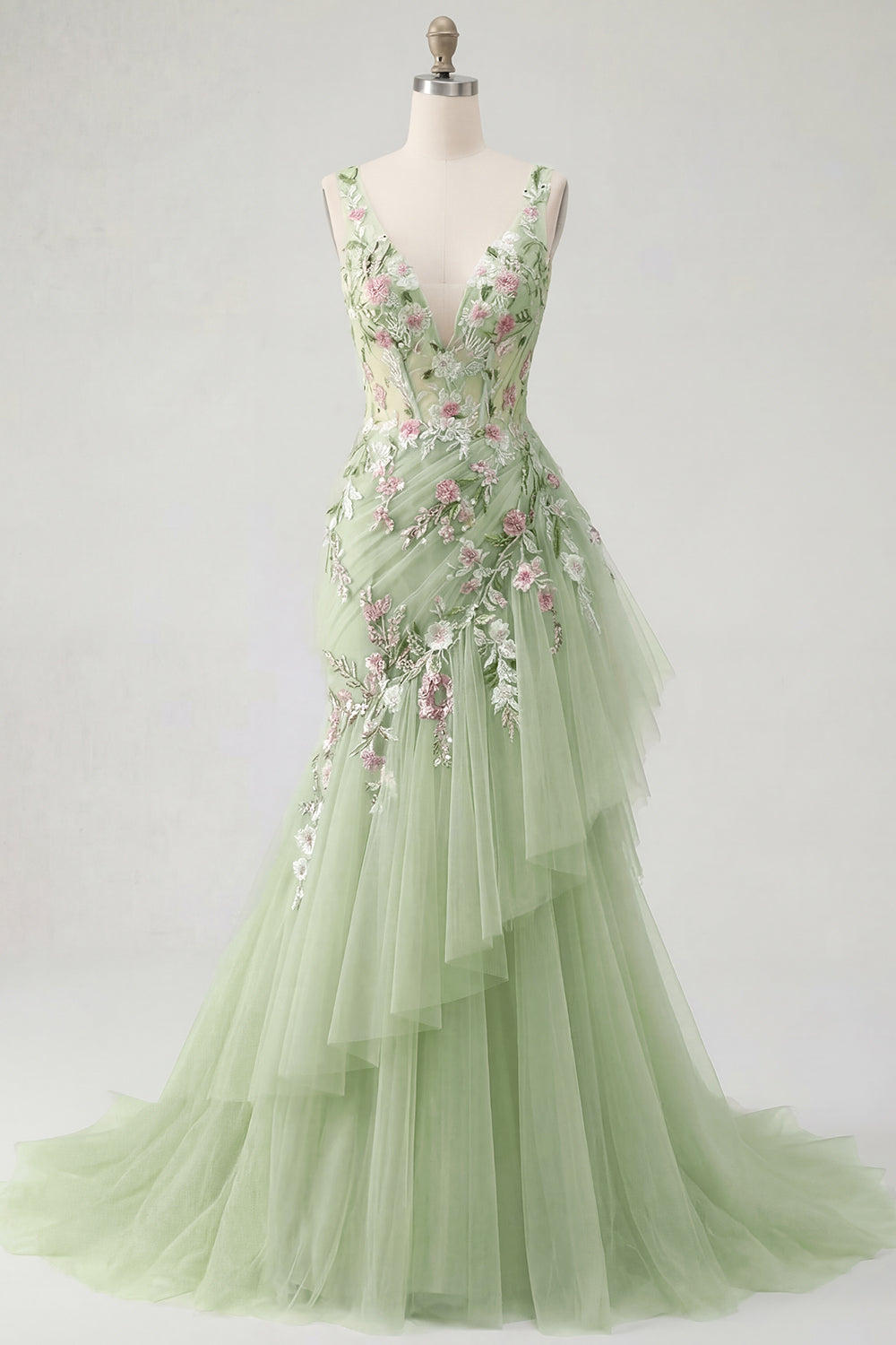 Mermaid Ruffled V Neck Floral Long Green Prom Dress