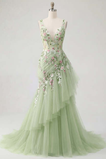 Mermaid Ruffled V Neck Floral Long Green Prom Dress
