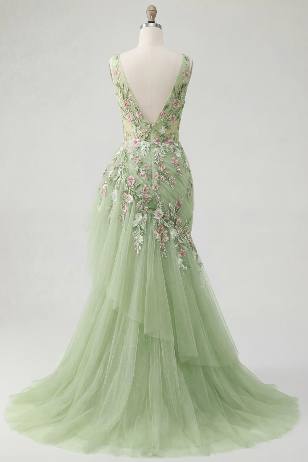Mermaid Ruffled V Neck Floral Long Green Prom Dress