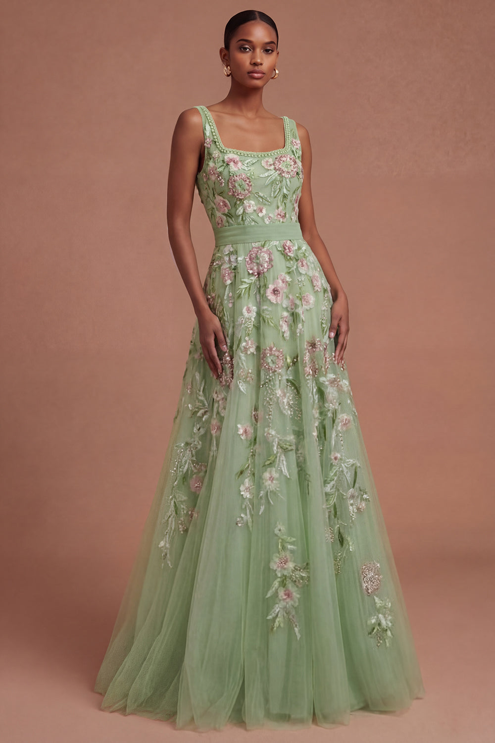 A Line Green Floral Square Neck Long Prom Dress