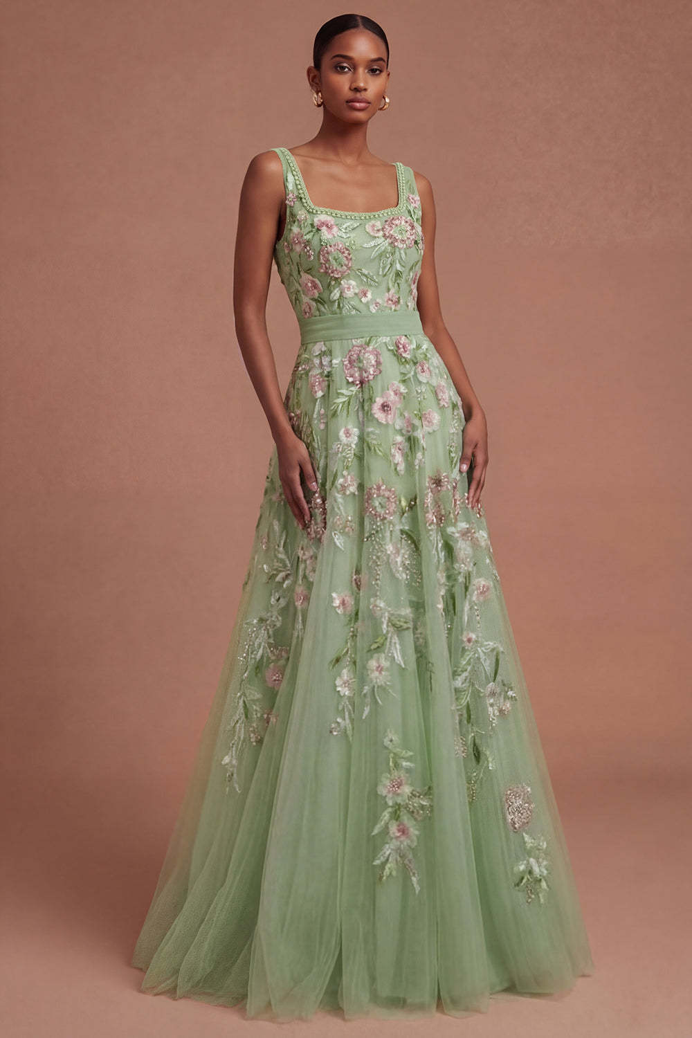 Leely Women A Line Green Floral Square Neck Long Prom Dress Backless Appliqued Sleeveless Evening Dress