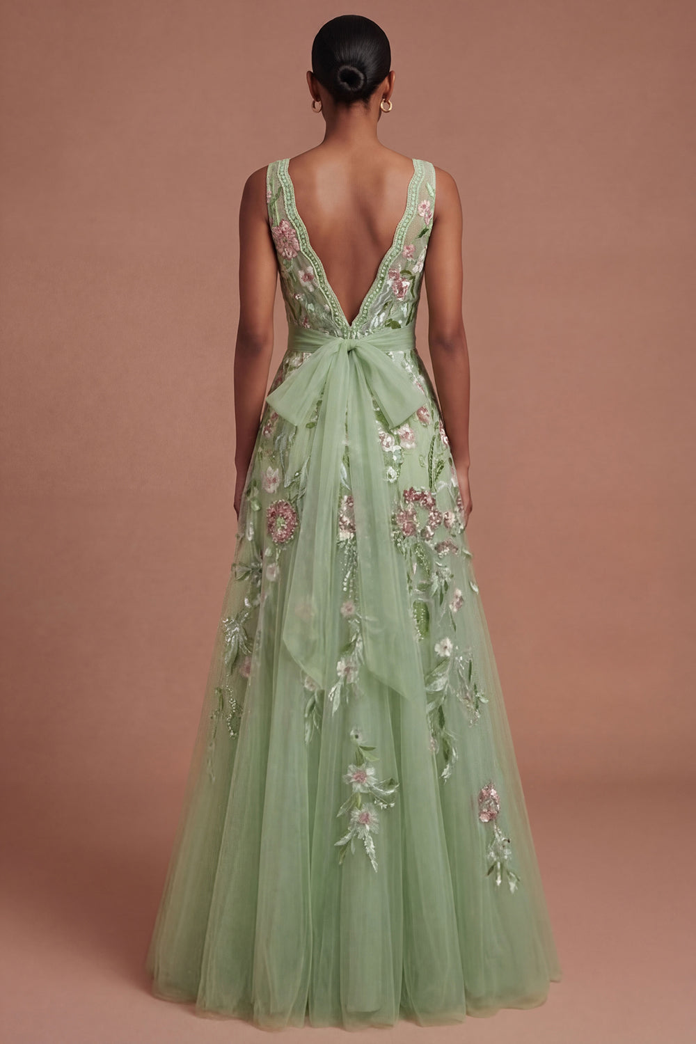 A Line Green Floral Square Neck Long Prom Dress