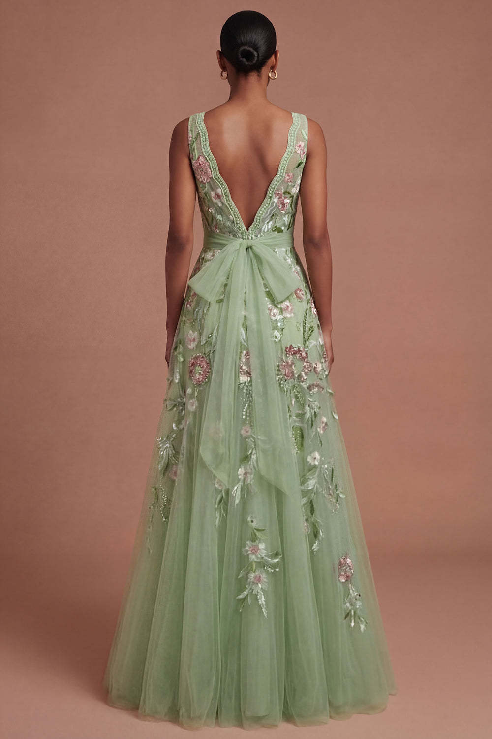 A Line Green Floral Square Neck Long Prom Dress
