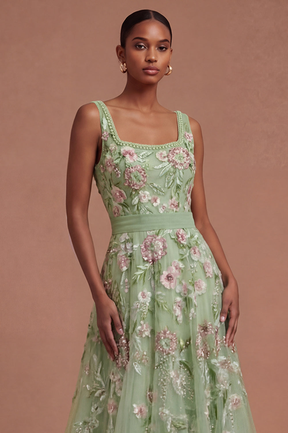 A Line Green Floral Square Neck Long Prom Dress
