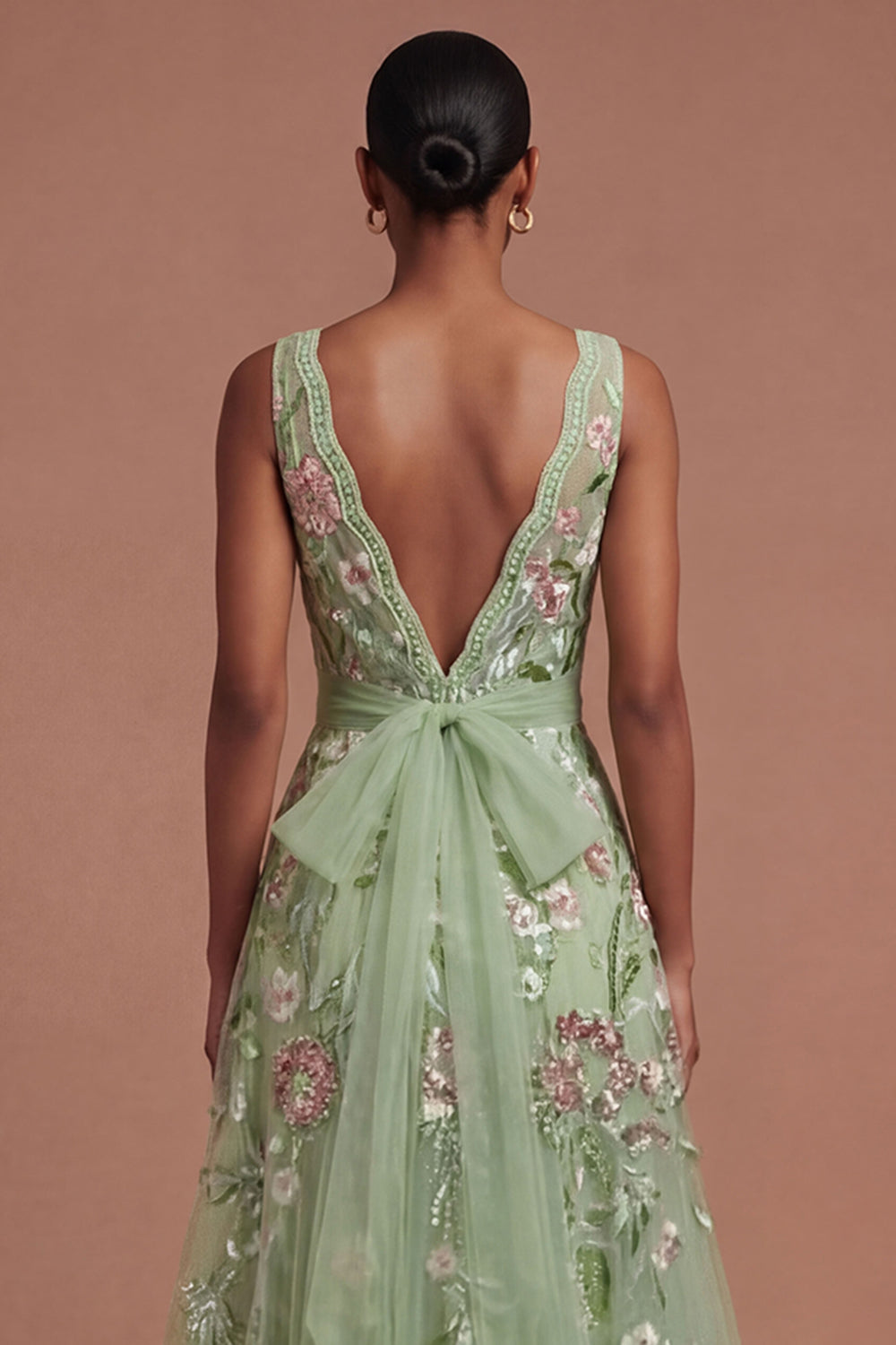 A Line Green Floral Square Neck Long Prom Dress