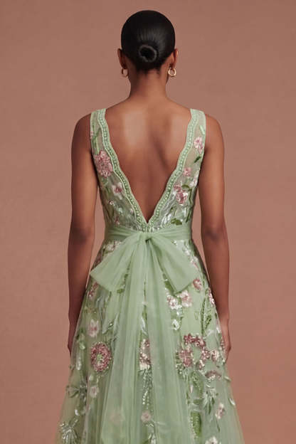 A Line Green Floral Square Neck Long Prom Dress