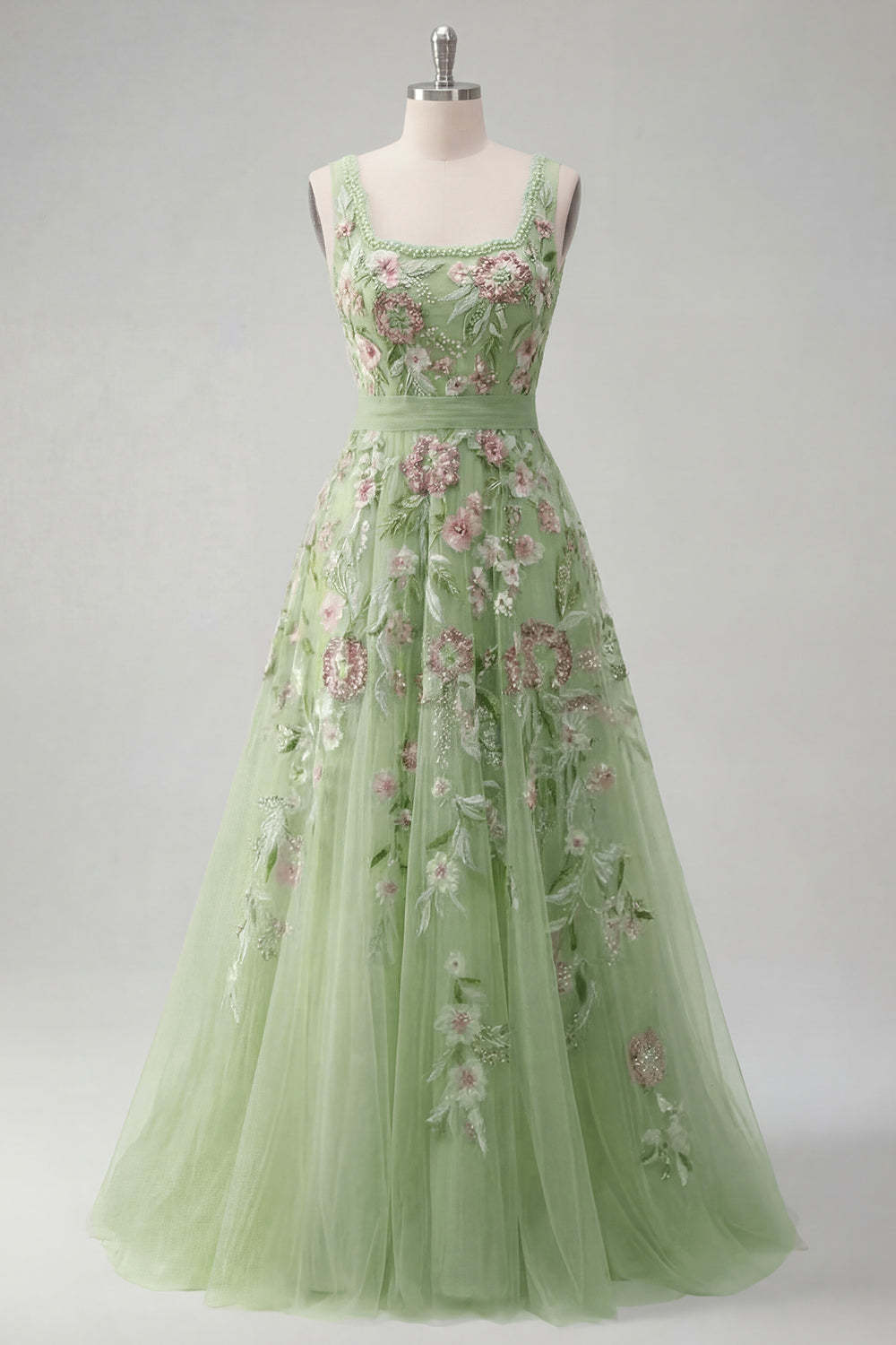 A Line Green Floral Square Neck Long Prom Dress