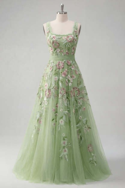 A Line Green Floral Square Neck Long Prom Dress