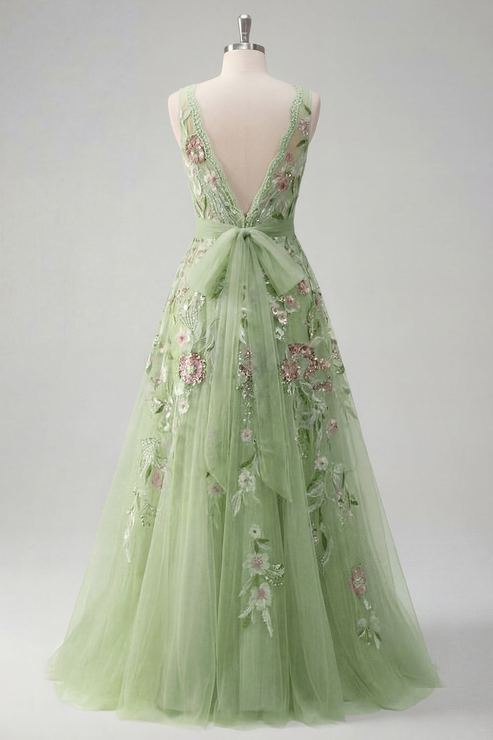 A Line Green Floral Square Neck Long Prom Dress