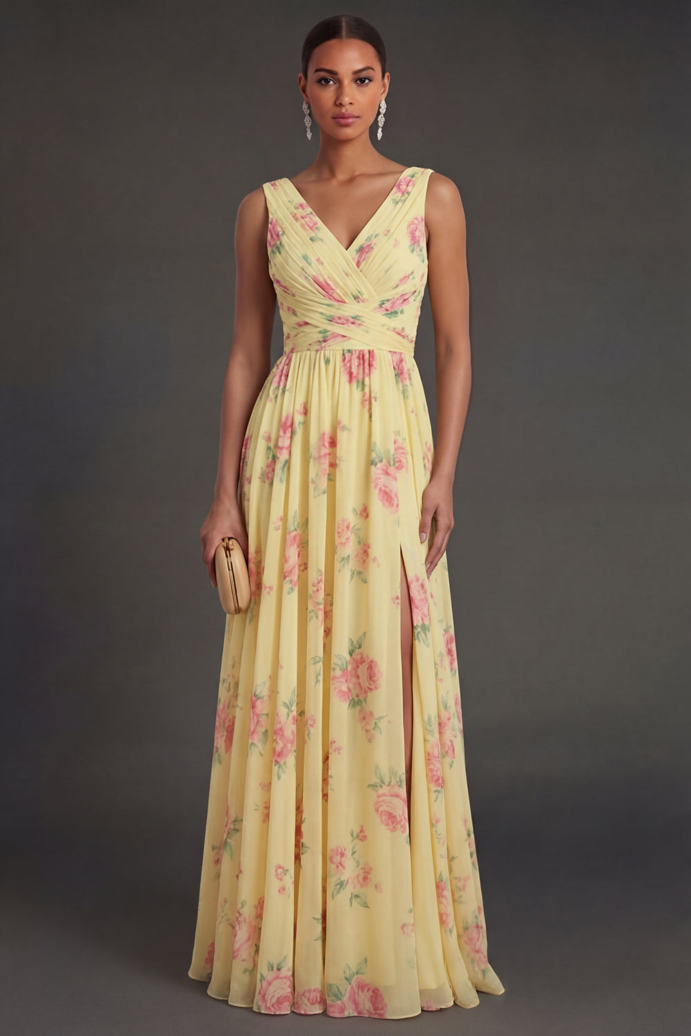 Yellow Floral V Neck Sleeveless Long Beach Wedding Guest Dress with Slit