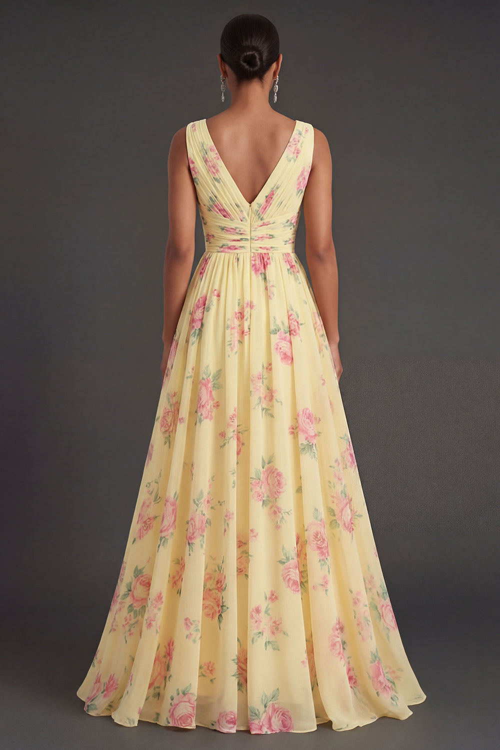 Yellow Floral V Neck Sleeveless Long Beach Wedding Guest Dress with Slit