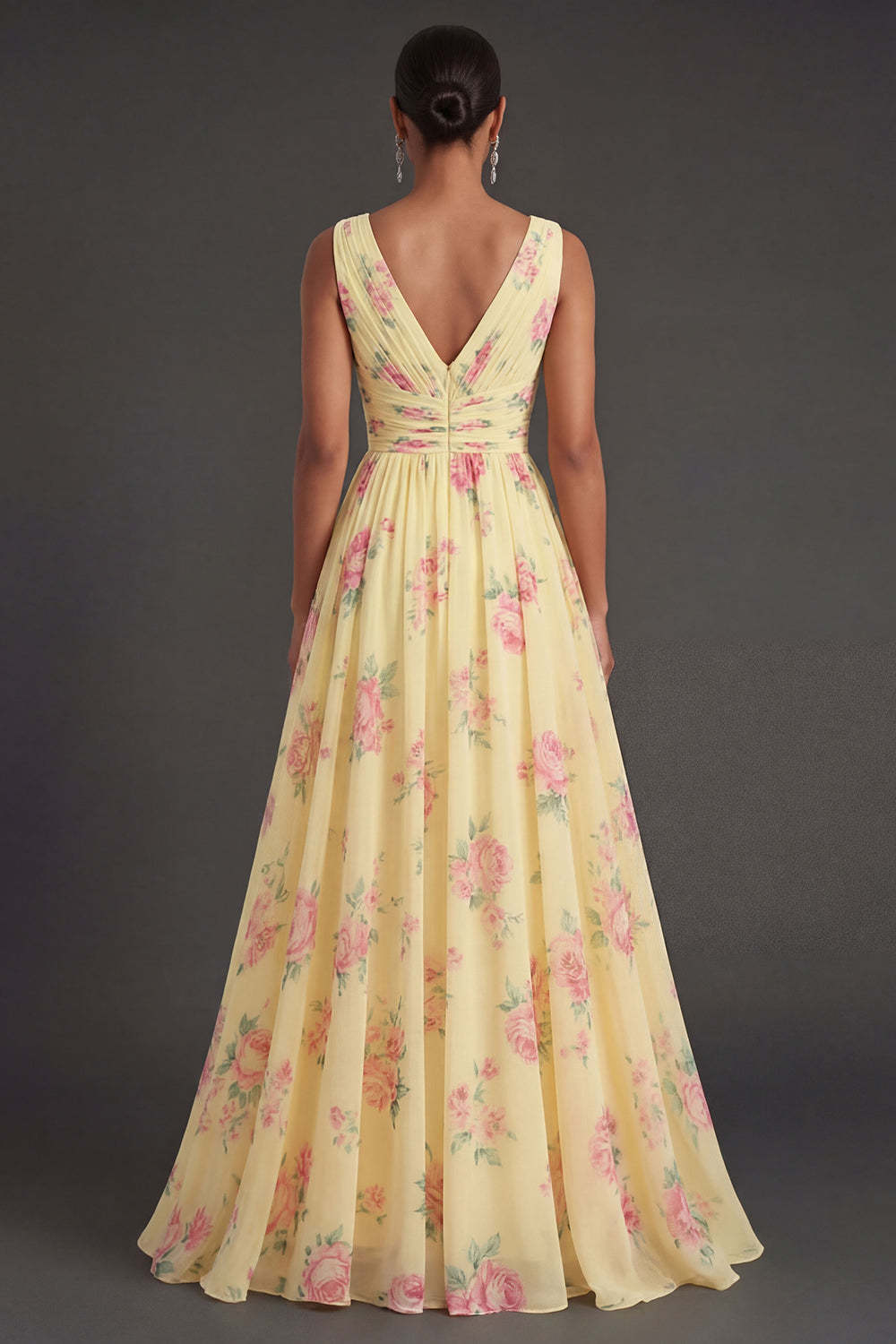 Yellow Floral V Neck Sleeveless Long Beach Wedding Guest Dress with Slit