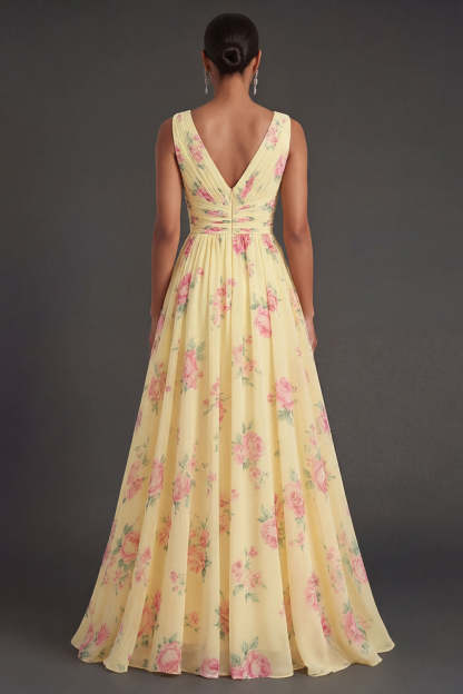 Yellow Floral V Neck Sleeveless Long Beach Wedding Guest Dress with Slit