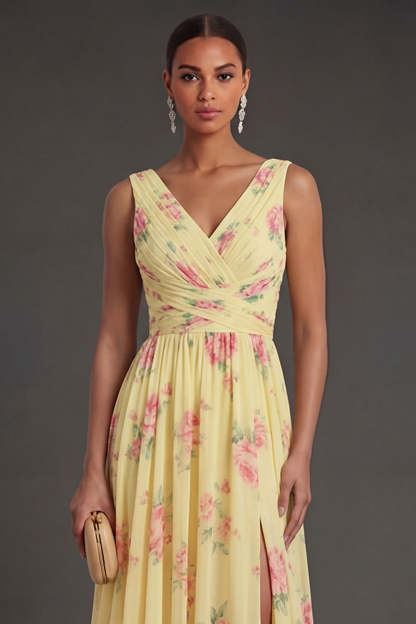Yellow Floral V Neck Sleeveless Long Beach Wedding Guest Dress with Slit