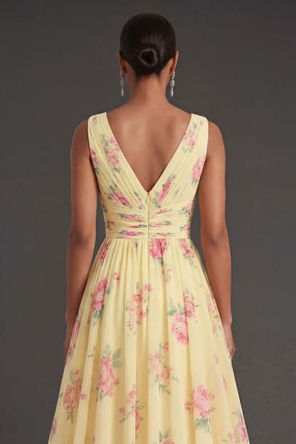 Yellow Floral V Neck Sleeveless Long Beach Wedding Guest Dress with Slit