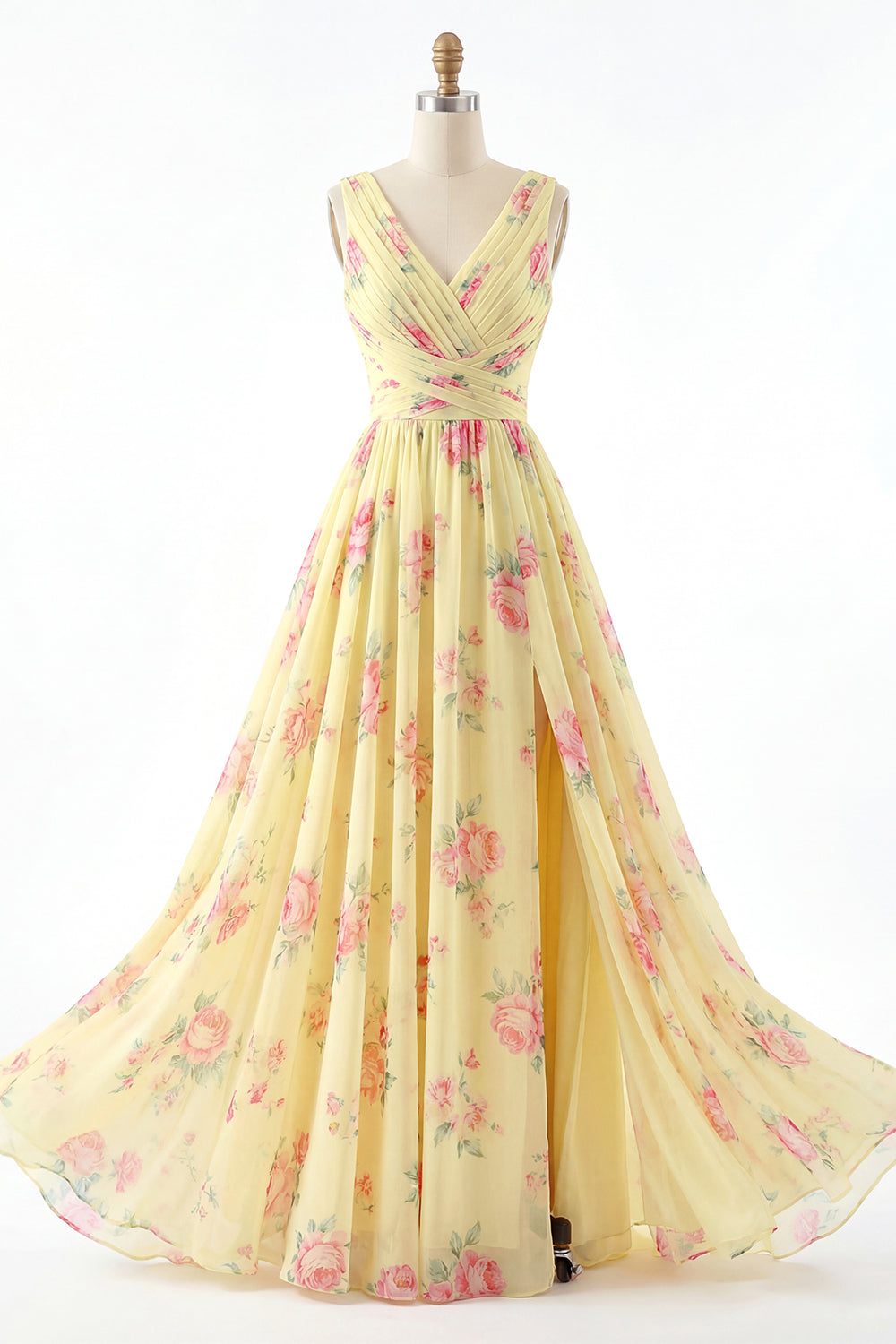 Yellow Floral V Neck Sleeveless Long Beach Wedding Guest Dress with Slit