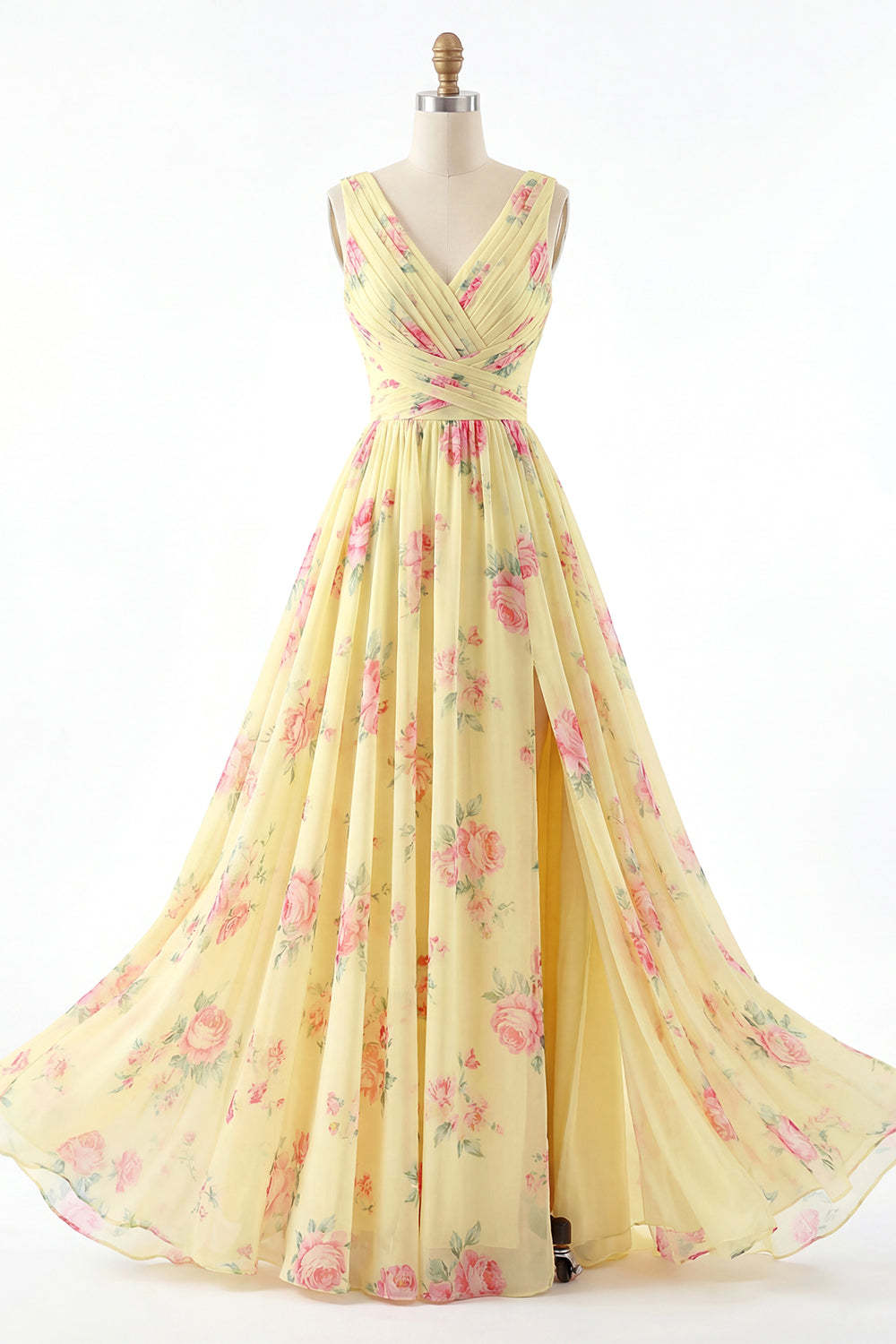 Yellow Floral V Neck Sleeveless Long Beach Wedding Guest Dress with Slit