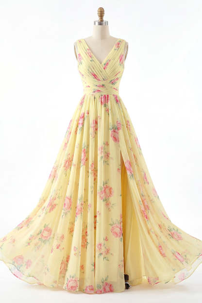 Yellow Floral V Neck Sleeveless Long Beach Wedding Guest Dress with Slit