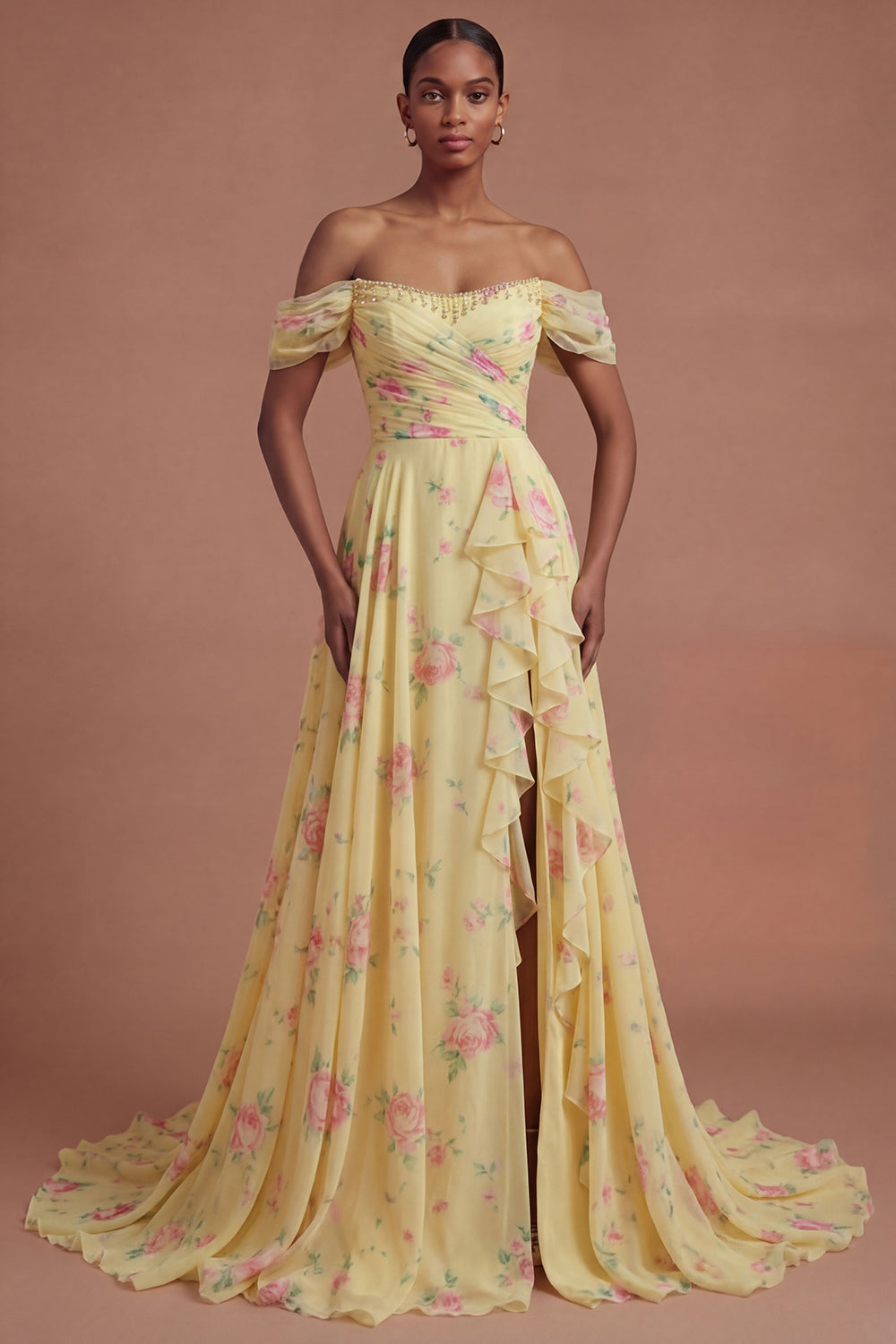 Leely Women Ruffled Yellow Off the Shoulder Long Prom Dress with Slit Backless Sleeveless Gala Dress