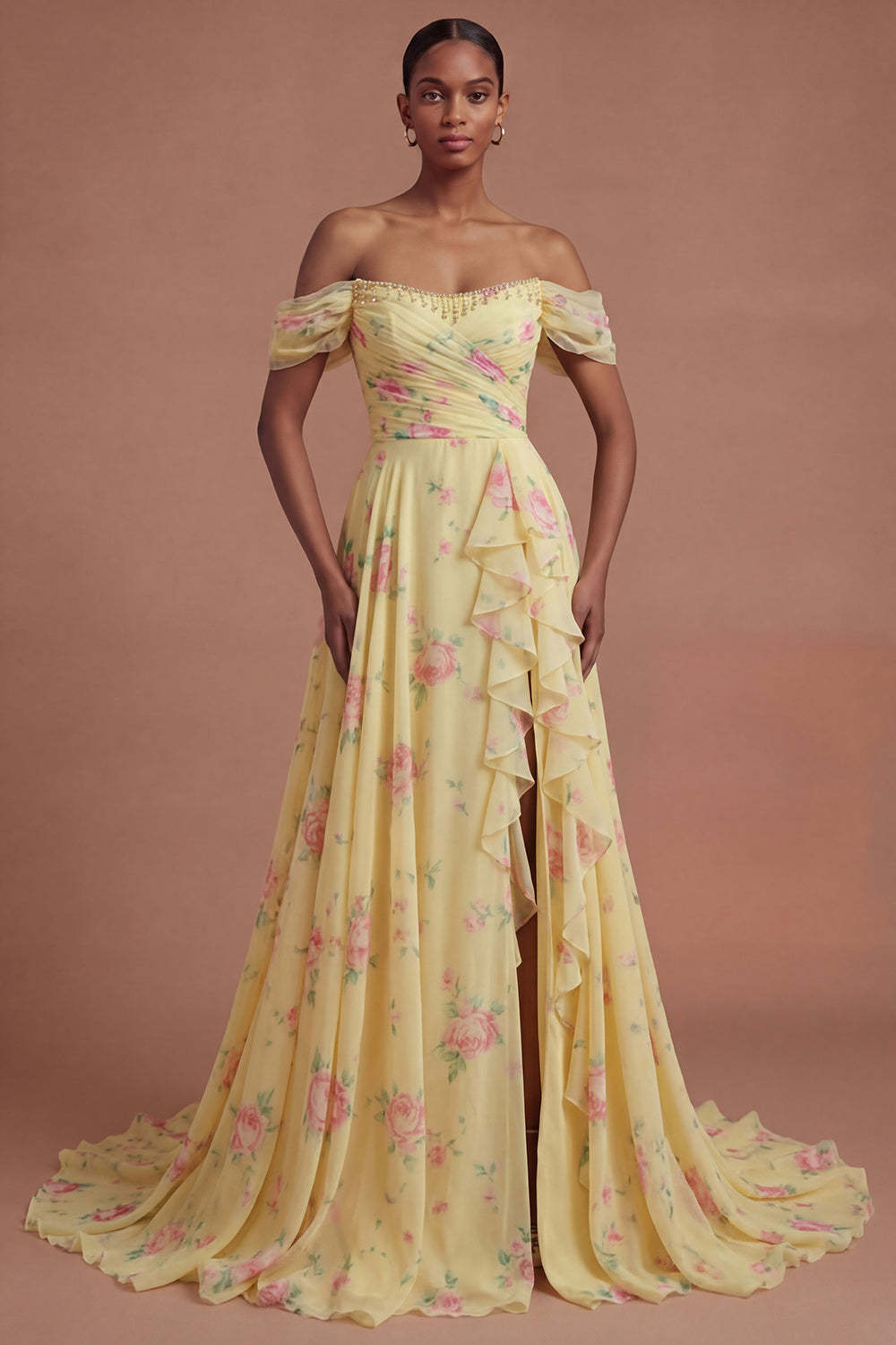 Leely Women Ruffled Yellow Off the Shoulder Long Prom Dress with Slit Backless Sleeveless Gala Dress