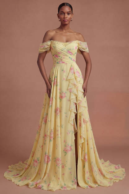 Leely Women Ruffled Yellow Off the Shoulder Long Prom Dress with Slit Backless Sleeveless Gala Dress