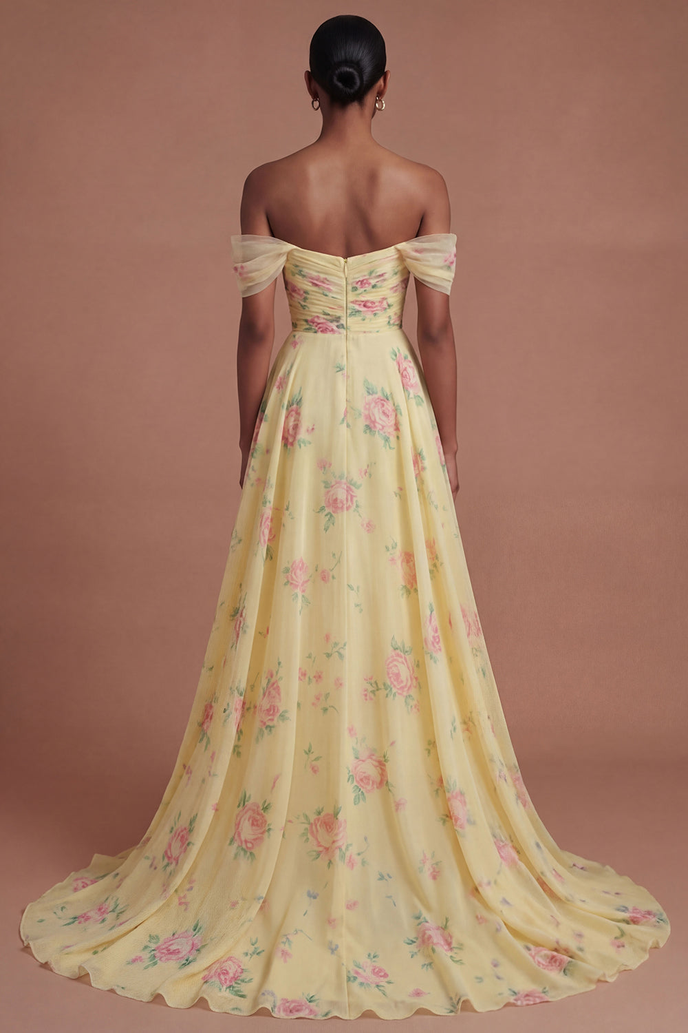 Ruffled Yellow Off the Shoulder Long Prom Dress with Slit