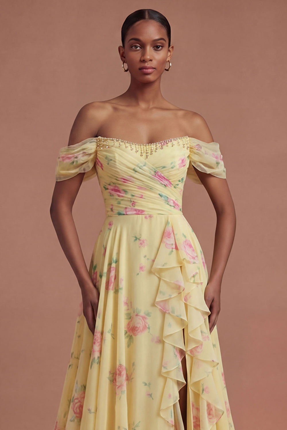 Ruffled Yellow Off the Shoulder Long Prom Dress with Slit