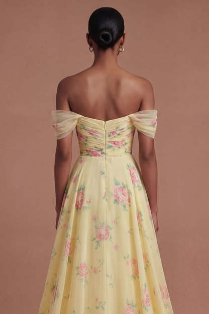 Ruffled Yellow Off the Shoulder Long Prom Dress with Slit