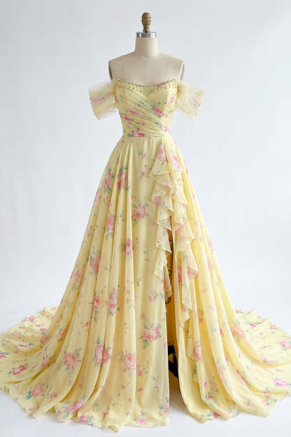 Ruffled Yellow Off the Shoulder Long Prom Dress with Slit