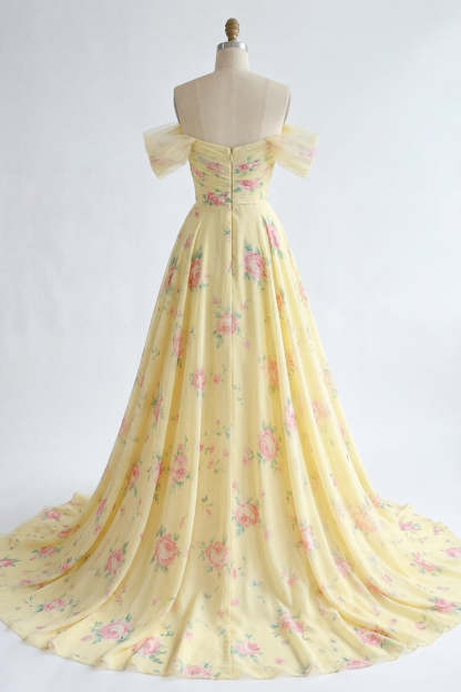 Ruffled Yellow Off the Shoulder Long Prom Dress with Slit