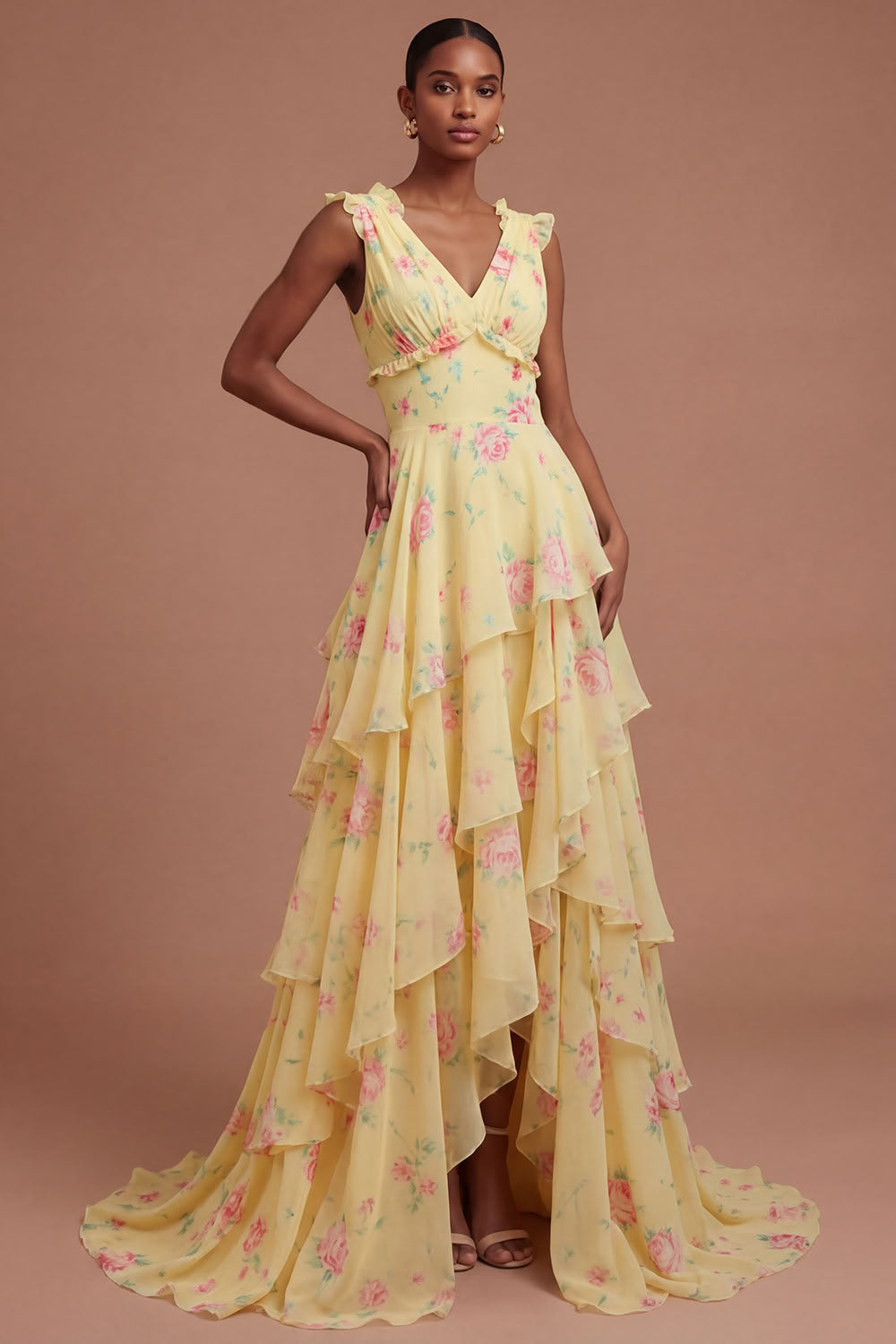 Leely Women Yellow Floral Ruffled Tiered Long Prom Dress with Slit V Neck Sleeveless Backless Evening Dress