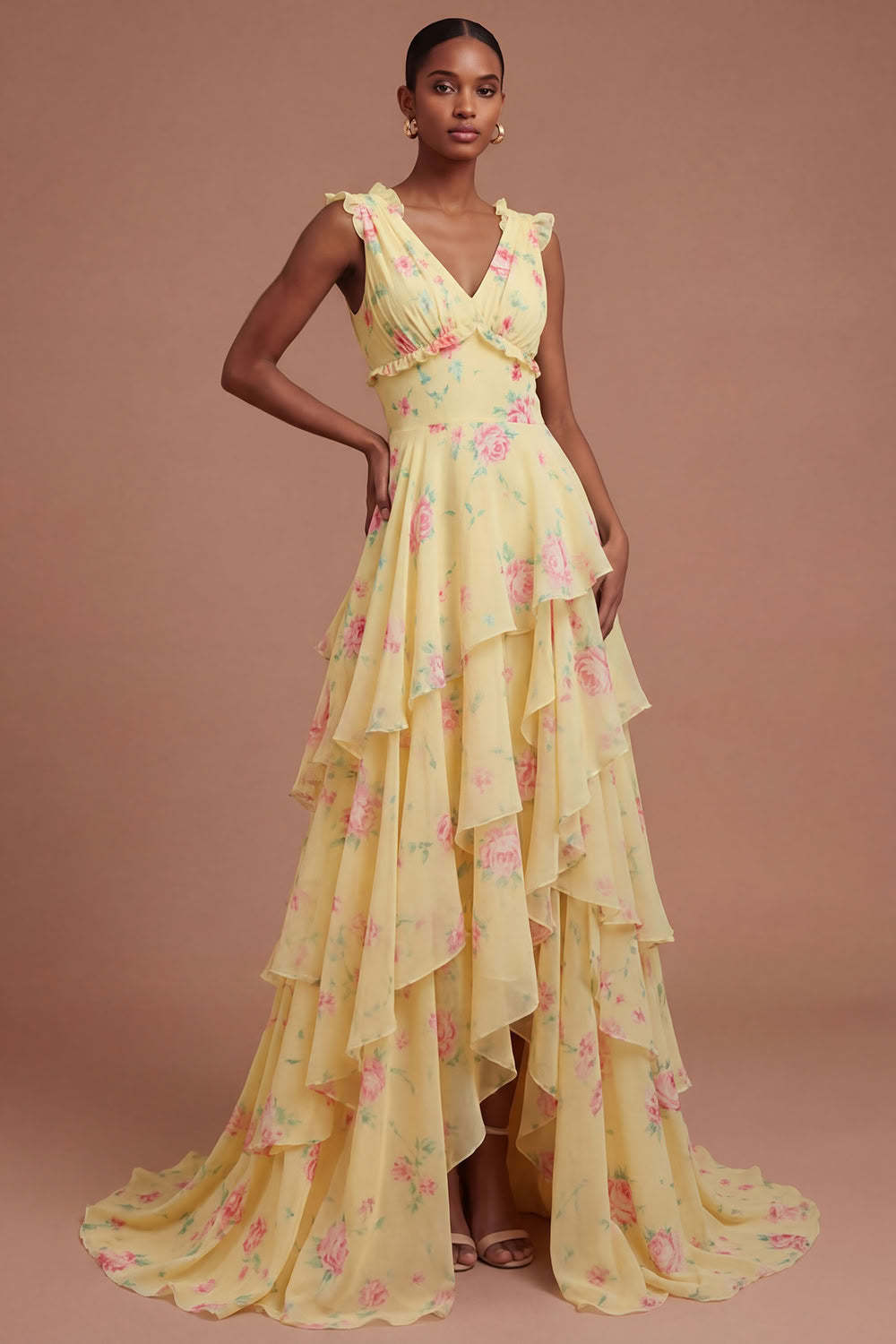 Leely Women Yellow Floral Ruffled Tiered Long Prom Dress with Slit V Neck Sleeveless Backless Evening Dress