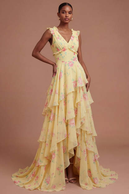Leely Women Yellow Floral Ruffled Tiered Long Prom Dress with Slit V Neck Sleeveless Backless Evening Dress