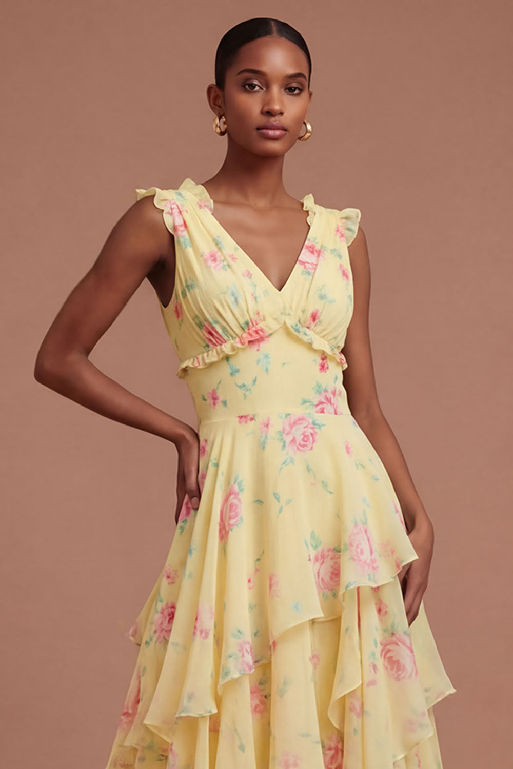 Yellow Floral Ruffled Tiered Long Prom Dress with Slit