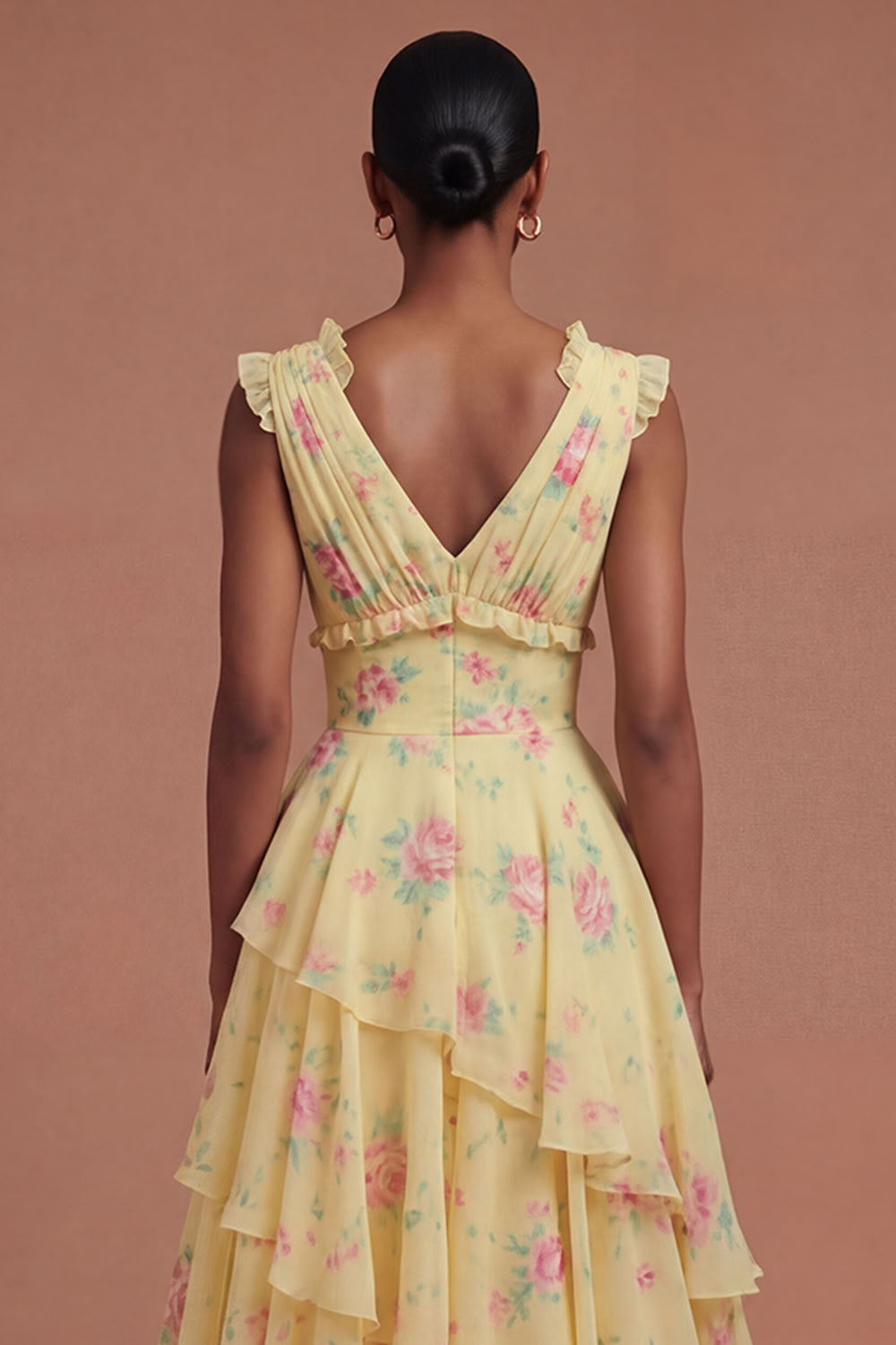 Yellow Floral Ruffled Tiered Long Prom Dress with Slit