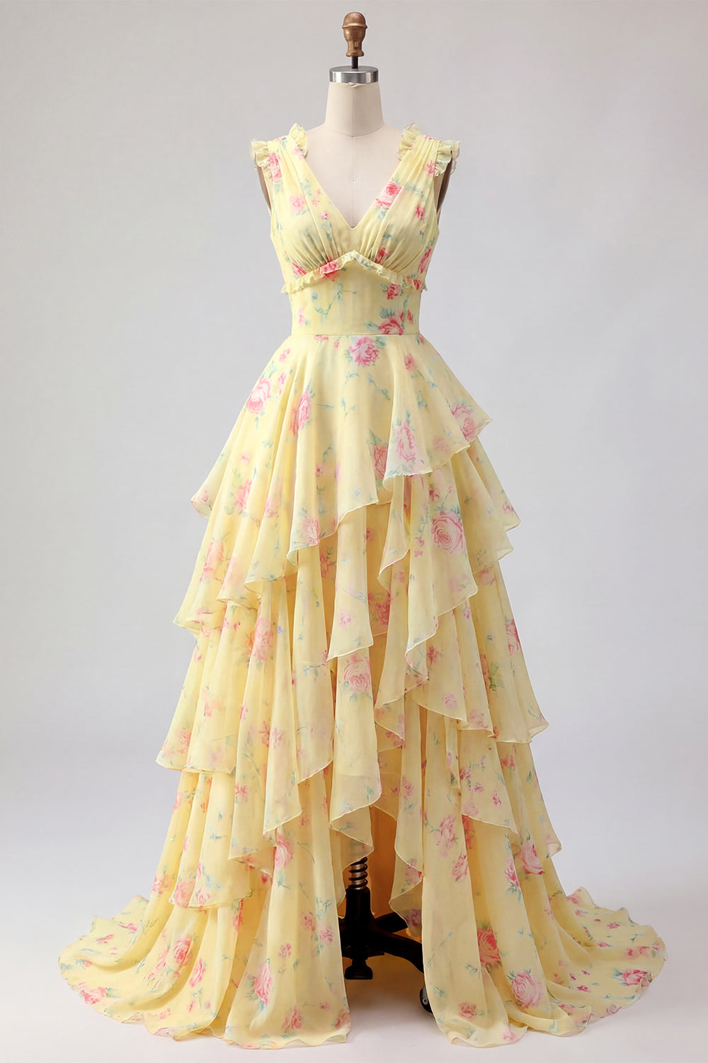 Yellow Floral Ruffled Tiered Long Prom Dress with Slit