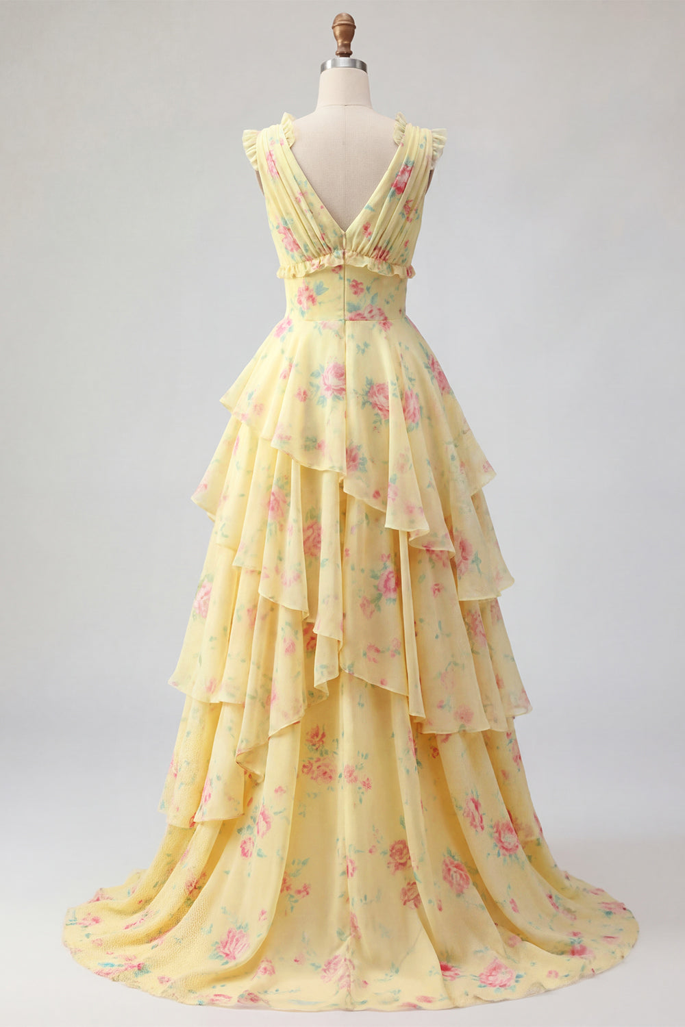 Yellow Floral Ruffled Tiered Long Prom Dress with Slit