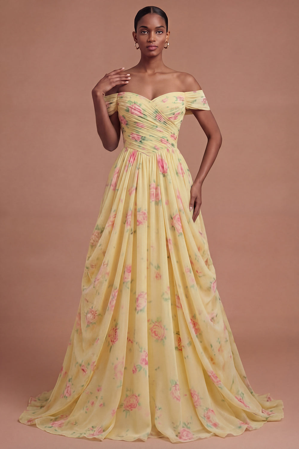 Leely Women Yellow Off the Shoulder Ruched Floral Long Prom Dress Backless Sleeveless Gala Dress