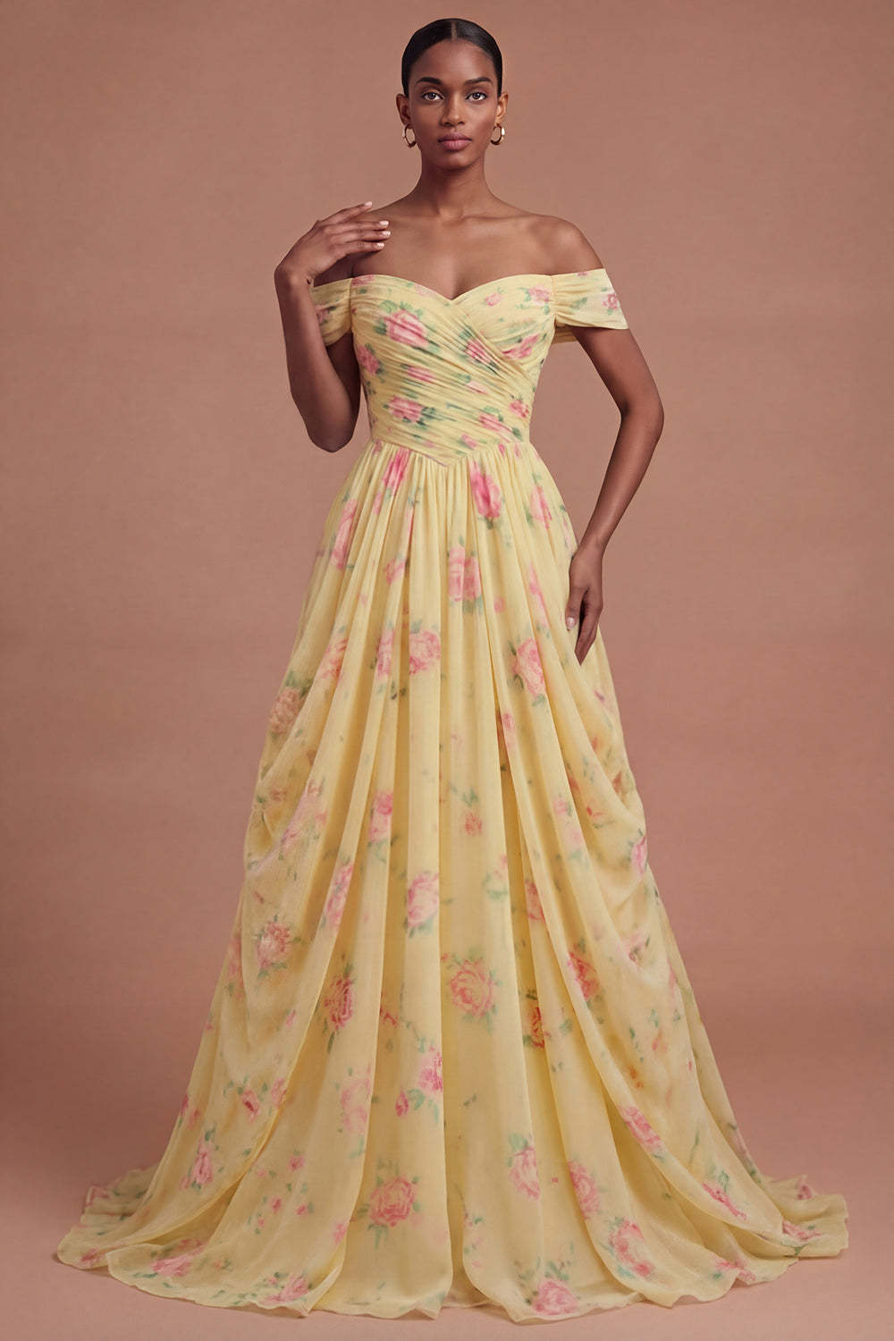 Leely Women Yellow Off the Shoulder Ruched Floral Long Prom Dress Backless Sleeveless Gala Dress