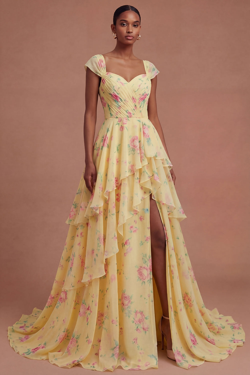 V Neck Yellow Floral Ruffled Tiered Long Prom Dress with Slit