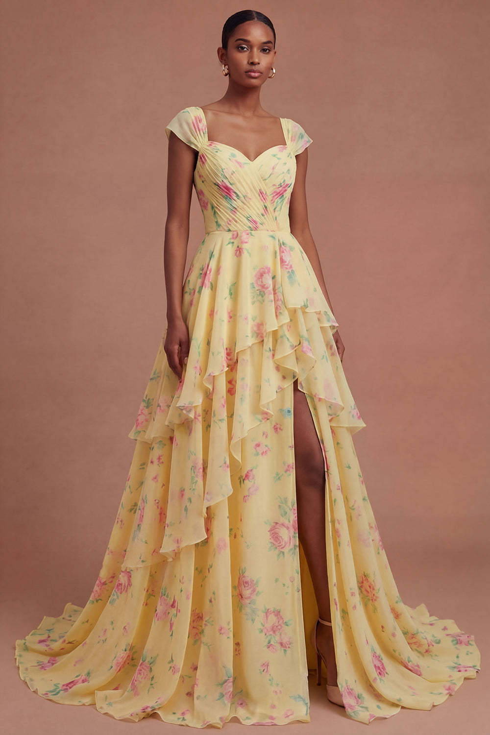 Leely Women Yellow Floral Ruffled Tiered Long Prom Dress with Slit V Neck Sleeveless Wedding Guest Dress