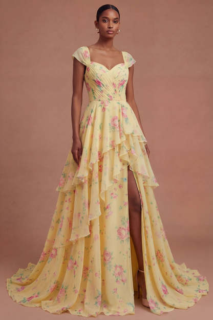 Leely Women Yellow Floral Ruffled Tiered Long Prom Dress with Slit V Neck Sleeveless Wedding Guest Dress