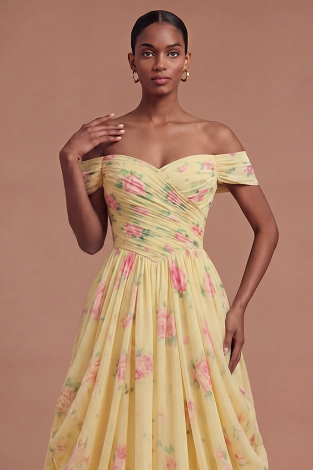 Yellow Off the Shoulder Ruched Floral Long Prom Dress