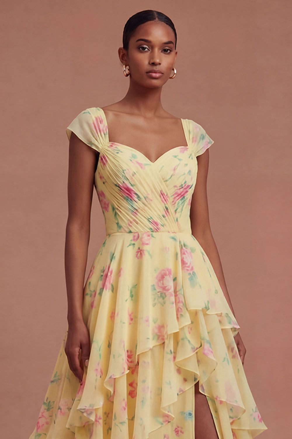 V Neck Yellow Floral Ruffled Tiered Long Prom Dress with Slit