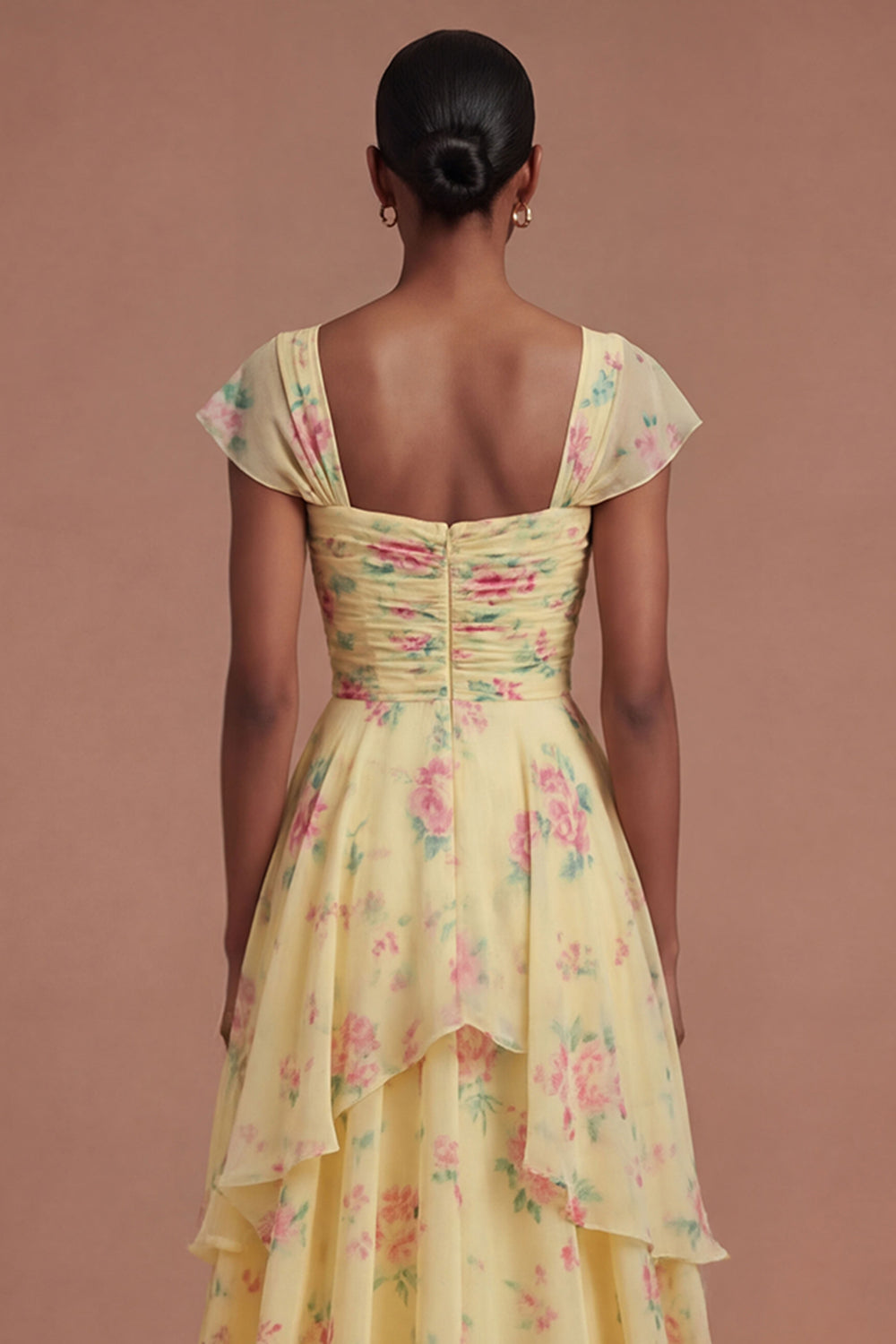 V Neck Yellow Floral Ruffled Tiered Long Prom Dress with Slit