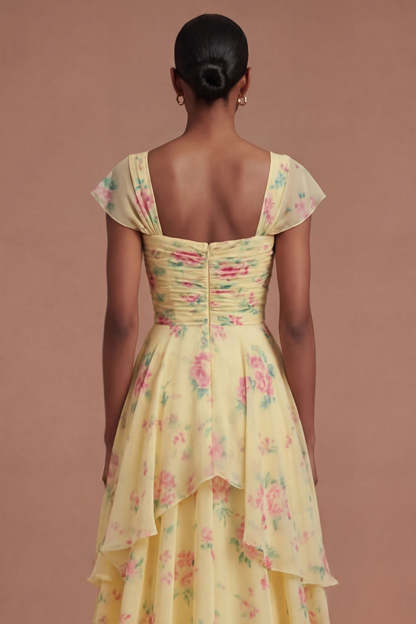 V Neck Yellow Floral Ruffled Tiered Long Prom Dress with Slit