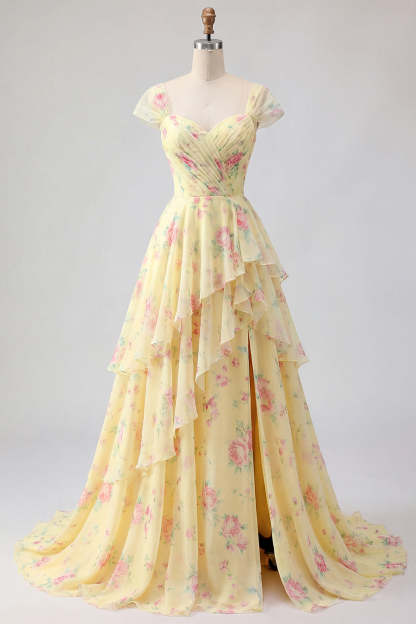 V Neck Yellow Floral Ruffled Tiered Long Prom Dress with Slit